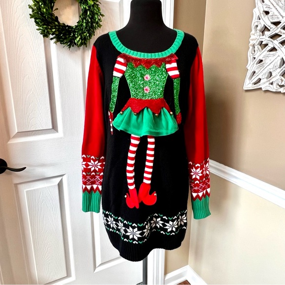 ⭐️ Ugly Christmas Sweater Tunic Girl Elf w/ Tutu and Long Legs Size LARGE - Picture 5 of 15